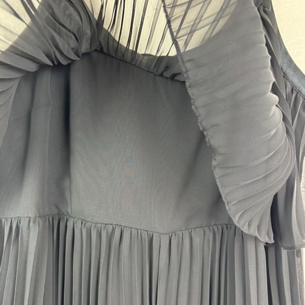 White House Black Market Pleated Chiffon Knee Length Dress Satin Trim Black 10 - Picture 5 of 16